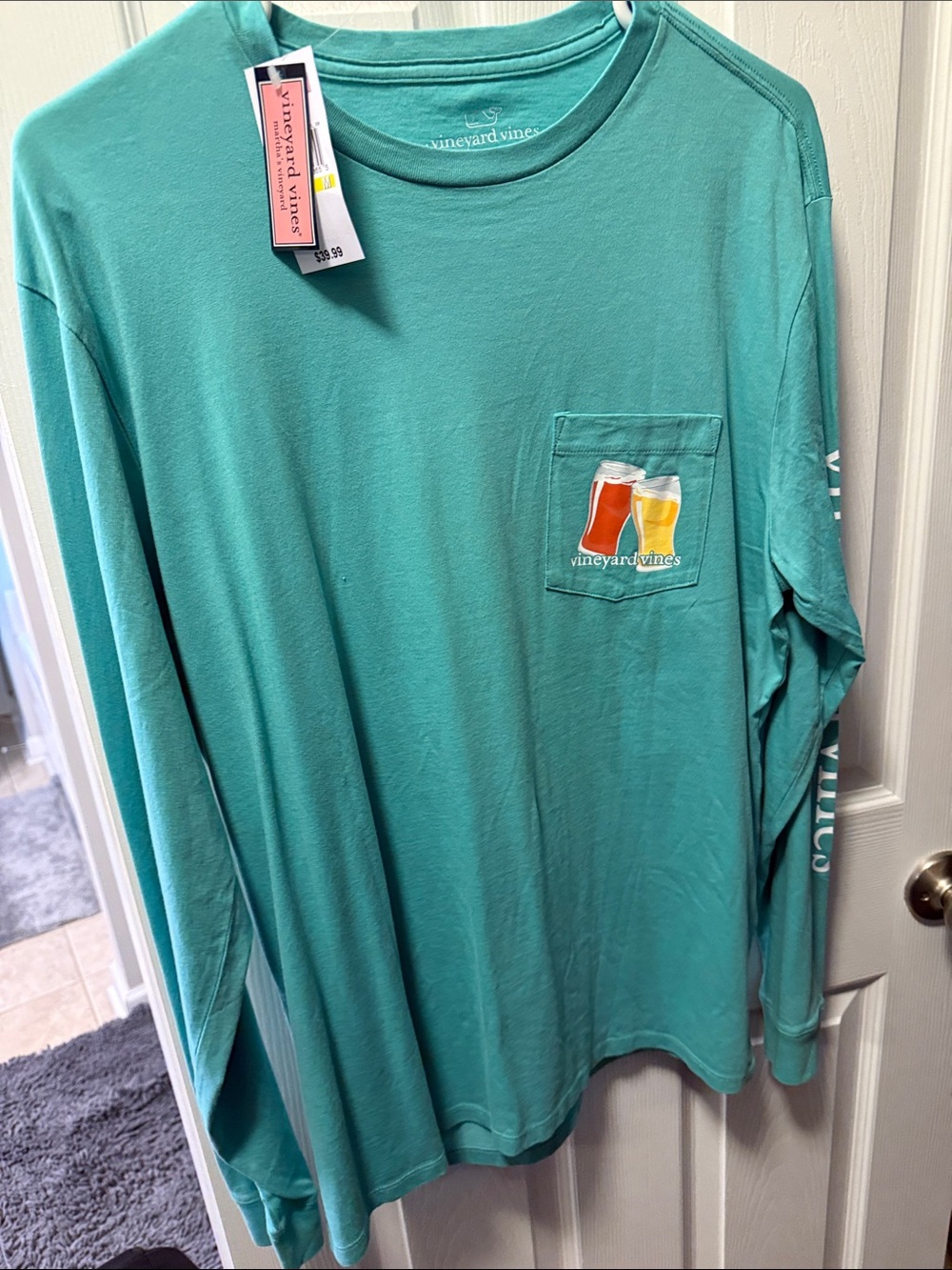 Vineyard Vines Teal Long Sleeve Pocket Tee with Beer Glass Patch - Picture 1 of 5